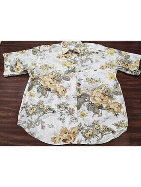 Vintage First Issue Mens Floral Button Up Shirt Medium Beige Yellow Cottagecore